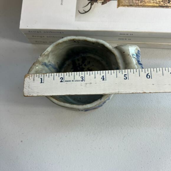 Studio Art Pottery Creamer Cup Handle Blue Gray Stoneware Freeform Drip Glaze - Picture 8 of 8
